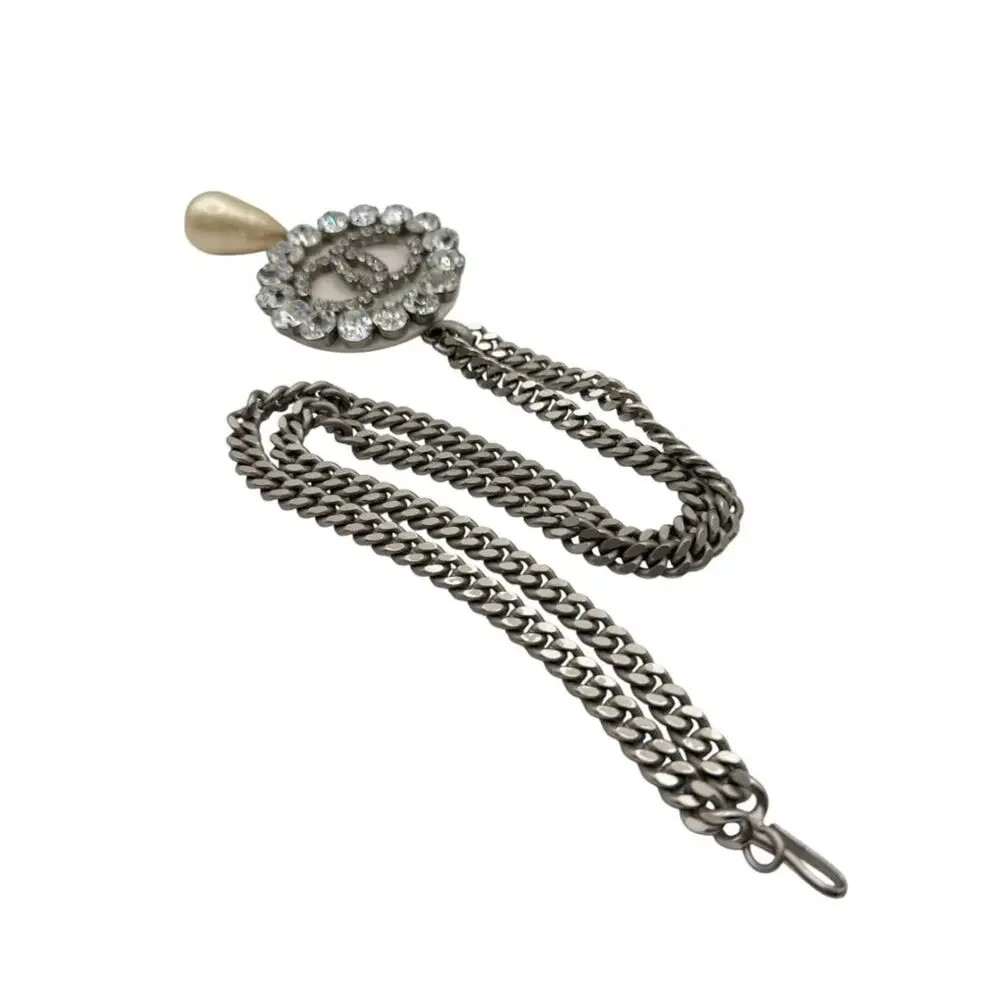 Chanel Fall 2000 Crystal CC Pearl Drop Medallion Necklace on Gunmetal Chain